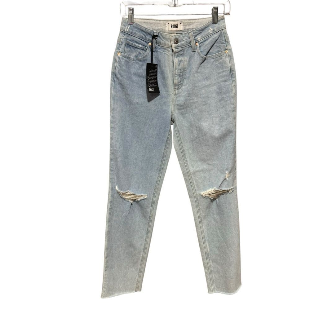Revolve Paige SARAH STRAIGHT ANKLE High Rise Straight Leg Jeans Crash Destructed - Picture 3 of 8